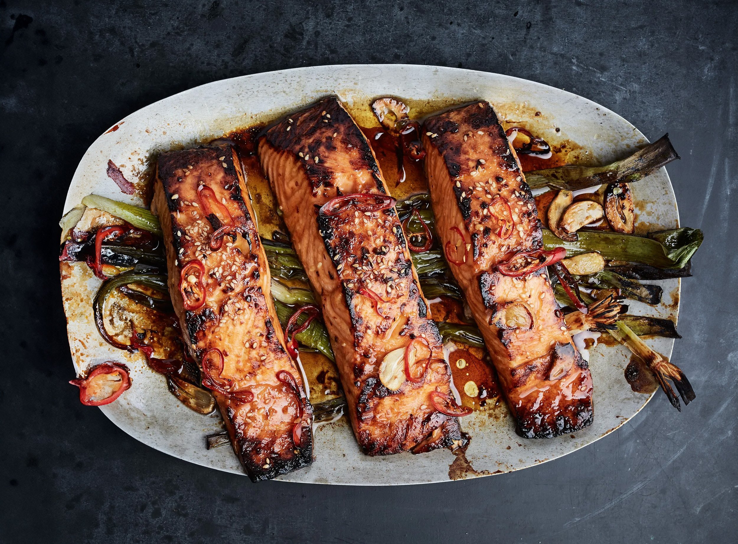 Broiled Lime-Tamari Salmon with Charred Scallions